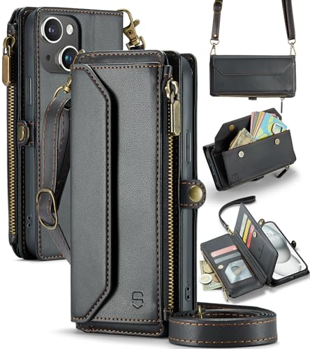 Strapurs Crossbody for iPhone 15 Case Wallet?RFID Blocking?with 7-Card Holder Zipper Bills Slot, Soft PU Leather Magnetic Flip Folio Wristlet Shoulder Strap for iPhone 15 Wallet Case for Women, Black