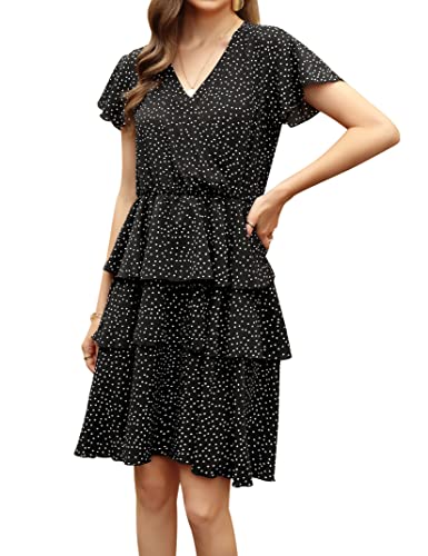 KOJOOIN Damen Kleid V-Ausschnitt Sommerkleid Kurzarm Kurz Kleid Rüschen...