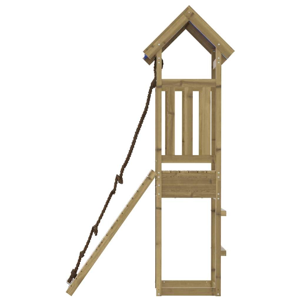 Wieża do zabawy z impregnowanego drewna sosnowego do ogrodu i na podwórko, z rampą do wspinaczki, piaskownicą i dachem chmur, platforma 90 cm, dla dzieci w wieku od 3 do 8 lat