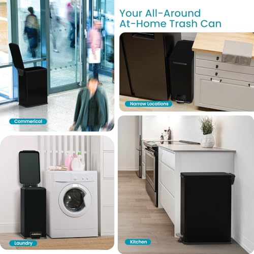 Image of Home Zone Living 8 Gallon Slim Kitchen Trash Can with Soft Close Lid, Step Pedal, Bag Tuck Band, and Removable Liner, Stainless Steel, Matte Black