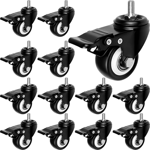 Heavy Duty Swivel Caster Wheels with Dual Brake, 2-in M8x15mm, 12 Pcs | 400 lb Capacity, 360 Degree Polyurethane Locking Casters, No Noise, M8 Threaded Stem Wheels for Desk Workbench Cart