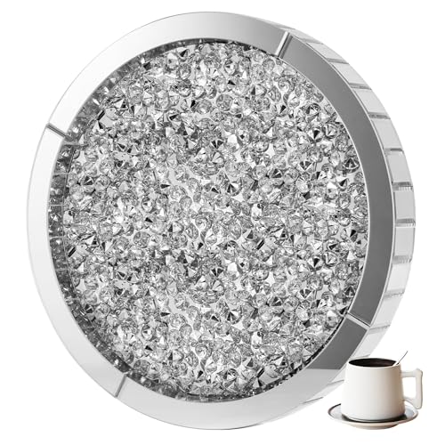 SHYFOY Bandeja Decorativa con Espejo, Bandejas Decorativas Modernas de Cristal de Diamante Triturado, Bandeja Redonda Grande de Plata, Organizador de Maquillaje de tocador para tocador, Diámetro 35cm