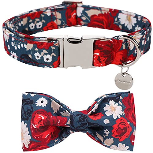 Image of DOGWONG Cotton Cotton Dog Collars, Floral Dog Collar, Adjustable Heavy Duty Girl Dog Collar with Bow for Small Medium Large Dogs