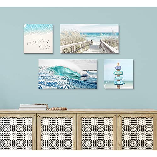 Coastal Canvas Beach Wall Art: 4 Piece Seascape Pathway Painting Surf Ocean Artwork Relax Seaside Street Sign Picture Summer Scenery Holiday Prints for Office Bedroom Bathroom Living Room - Image 4