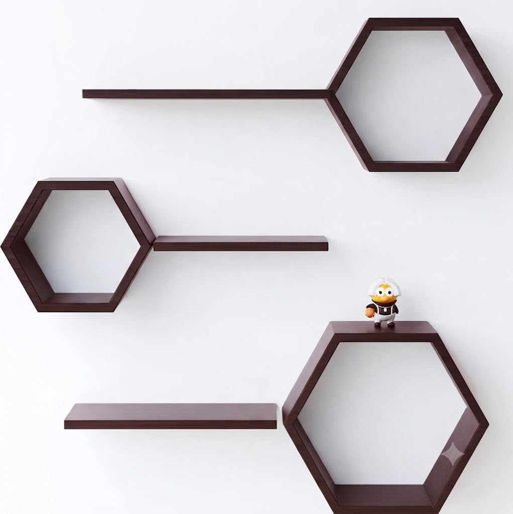 Hexagon Wall Shelf Set MDF Wood Walnut Brown | 3 Hexagon Shelves, 3 Floating Shelves, Brown Finish, Easy to Install, Living Room & Bedroom-image-24
