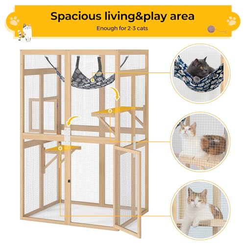 Image of Catio Outdoor Cat Enclosure - Premium Wooden Cat Catio with Window Access & Breathable Mesh, Weatherproof Kitty House for Patio /Backyard /Indoor (Wood)