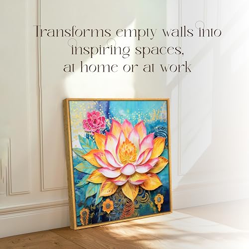 Image of PAINTINGMANTRA Multicolor Abstract Stretched Canvas Framed Painting Wall Art for Living Room Bedroom Office Cafe - Blue Yellow Pink Lotus Floral Abstract Framed Canvas Wall Decor Painting (58x58 cm)