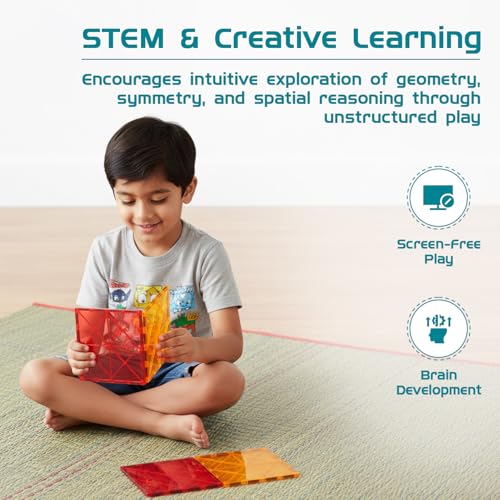 Image of Amazon Brand - Jam & Honey Magnetic Tiles Add-On for Kids | 4 Pcs Big Tile Square Foundation Set | Compatible with Magnetic Tiles | STEM Learning & Creative Construction Toy | Brain Development & Educational Play | Durable MABS Plastic with Strong Magnets | Ages 3+ Years | Multicolour | Product Dimensions: 17.5 x 15.5 x 3.5 cm
