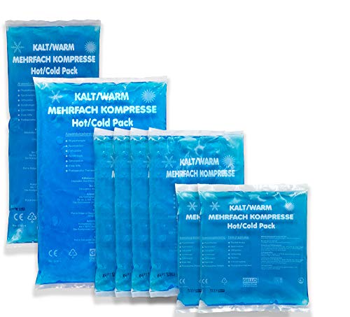 Set van 8 koud-warme kompressen in verschillende maten met 1x fleece hoes