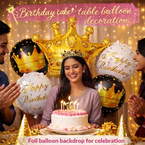 Image of Propsicle Golden Crown Foil Balloon Set of 5 for Birthday Decoration, Includes 1 Crown with 2 Black and 2 White Round Foil Balloons, Prince Princess Theme for Kids and Adults Celebration Backdrop