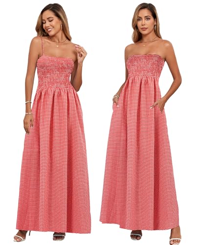 Image of Women Detachable Strap Beach Dress Strapless Smocked Pockets Maxi Dress | Removable Straps Flowy Swing A Line Maxi Beach Dress Boho Vacation Casual Smocked Strapless Beach Wedding Guest Sundress