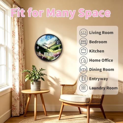 Image of 12'' Valley Meadow Wall Clock, Analog Clock with Digital Display | Silent Non-Ticking, Battery Operated, Shows Date Day & Temperature, Decorative for Living Room, Bedroom, Kitchen, Office