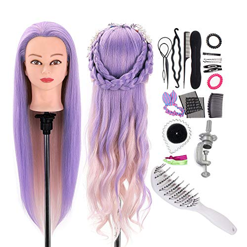 Neverland Trainingskopf 26-28 Zoll 50% Echthaar Frisierkopf, mehrfarbig Haarkosmetologie Schaufensterpuppen-Puppenkopf mit kleinem gebogenem Kamm+Zopf-Zubehör Set + freie Tischklemme Cover