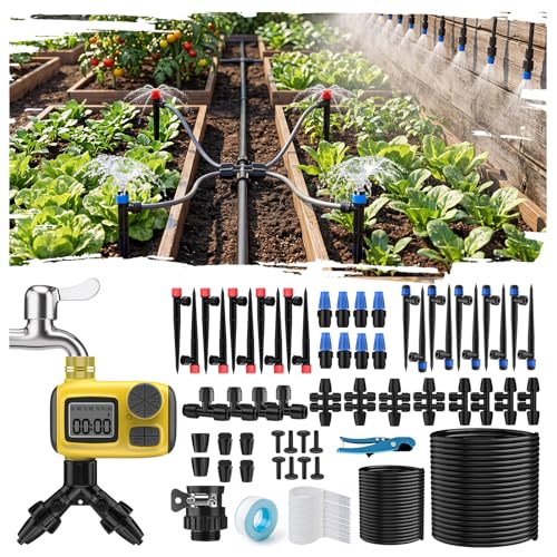 Deepoter Système d'irrigation Jardin avec Programmateur Arrosage Automatique, 80Pcs Kit d'irrigation Goutte à Goutte avec Tuyau 50m, Kit Arrosage Automatique...