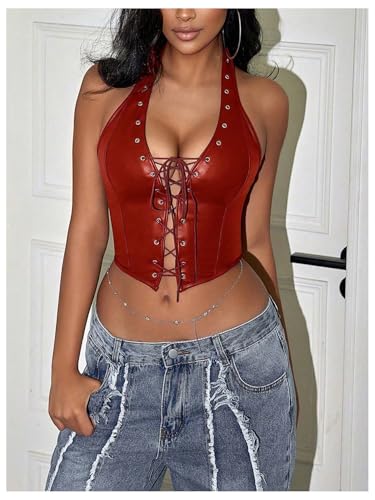 Image of WDIRARA Women's Punk PU Leather Halter Top Grommet Eyelet Tie Front Corset Crop Top