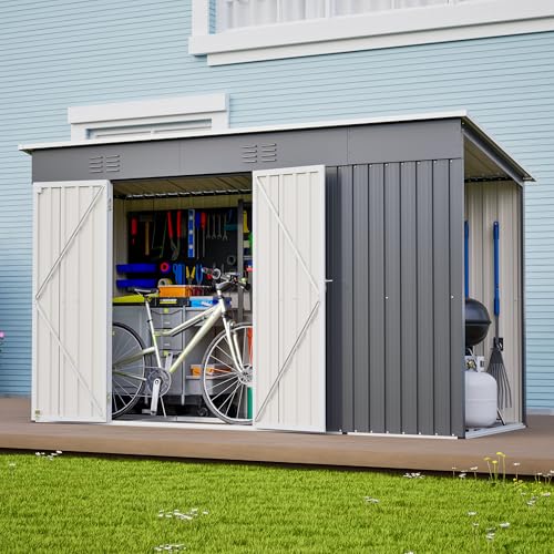 FammyLoft Caseta de jardín de metal, 311 x 123 x 181 cm, cobertizo de metal para jardín con acceso y ventilación, armario de jardín impermeable para exteriores, incluye base de metal, color gris