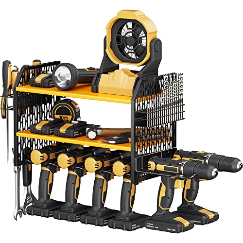 VOPEAK Power Tool Organizer, Drill Holder Wall Mount, Power Tool Storage Rack with 6 Drill Slots, Removable Design, Heavy Duty Metal, Cordless Tool Storage Rack for Garage, Workshop, Warehouse Yellow