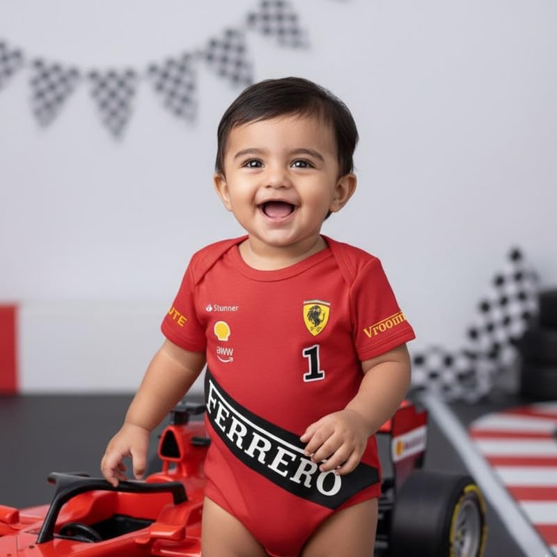Image of Unisex Baby Half Romper with Racing Car Print, Soft Cotton Fabric, Short Sleeves, Round Neck, Comfortable Summer Wear for Infants Red 0-3M