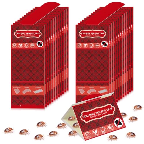 Qualirey Paquete de 24 trampas para chinches, detector de chinches no tóxico para patas de cama, diseño rojo y negro, interceptores de chinches que atraen chinches, trampas de pegamento de detección