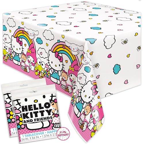 Unique Hello Kitty Birthday Decorations - Rectangular Plastic Hello Kitty Tablecloth (Pack of 2) & Sticker (1)