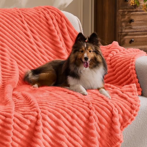 Image of BEDELITE Fleece Throw Blanket for Couch - 3D Ribbed Jacquard Soft and Warm Decorative Fuzzy Blanket - Cozy, Fluffy, Plush Lightweight Coral Red Throw Blankets for Bed, Sofa, 50x60 inches