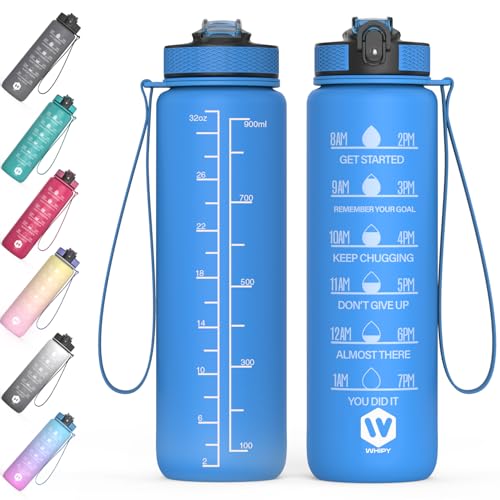 WHIPY 1L Water Bottle with Straw - Leak-Proof & BPA Free Reusable Sports Bottle - Motivational Time Markings for Hydration Durable Drink Bottle (Blue, 500ML)