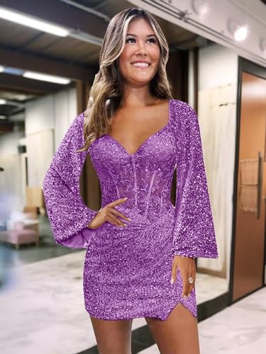 Sequin Long Sleeve Homecoming Dresses for Teens Short Sparkly Corset Mini Prom Cocktail Party Dress with Slit3
