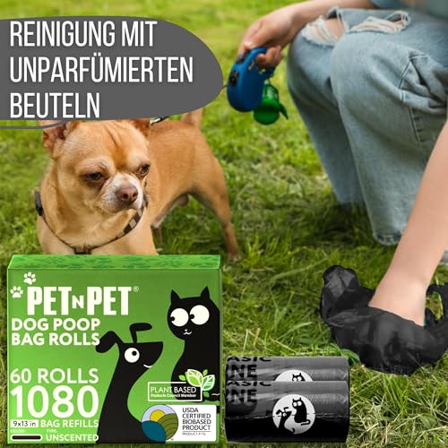 PET N PET Hundekotbeutel und Abfallbeutel USDA-zertifiziert 41% biobasierte Kotbeutel für Hunde 1080 Anzahl 60 Rollen 9x13 Zoll Hundekotbeutel, unparfümierte Kotbeutel