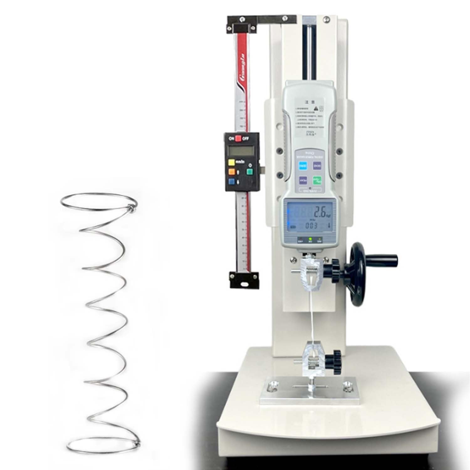 Digitale Zugprüfmaschine, manueller Zug- und Druckprüfstand mit LCD-Display und Klemme, Datenausgabe 10–2000 N, Hub 0–270 mm, für Zugversuche im Labor(With ruler,2000N)