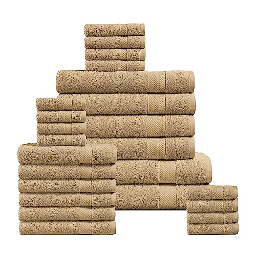 Image of LANE LINEN 100% Cotton Bathroom Towel Set - 24 Pcs - Zero Twist, Soft & Absorbent - 2 Bath Sheets, 4 Fingertip, 4 Bath, 6 Hand Towels, 8 Washcloths - Minimal Lint & Fading, Pre Shrunk - Pale Khaki