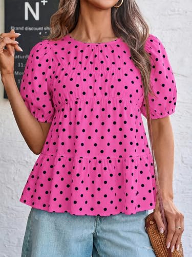Image of Tankaneo Womens Puff Sleeve Peplum Babydoll Tops Summer Flowy Pleated Cotton T-Shirts Casual Loose Fit Cute Blouse