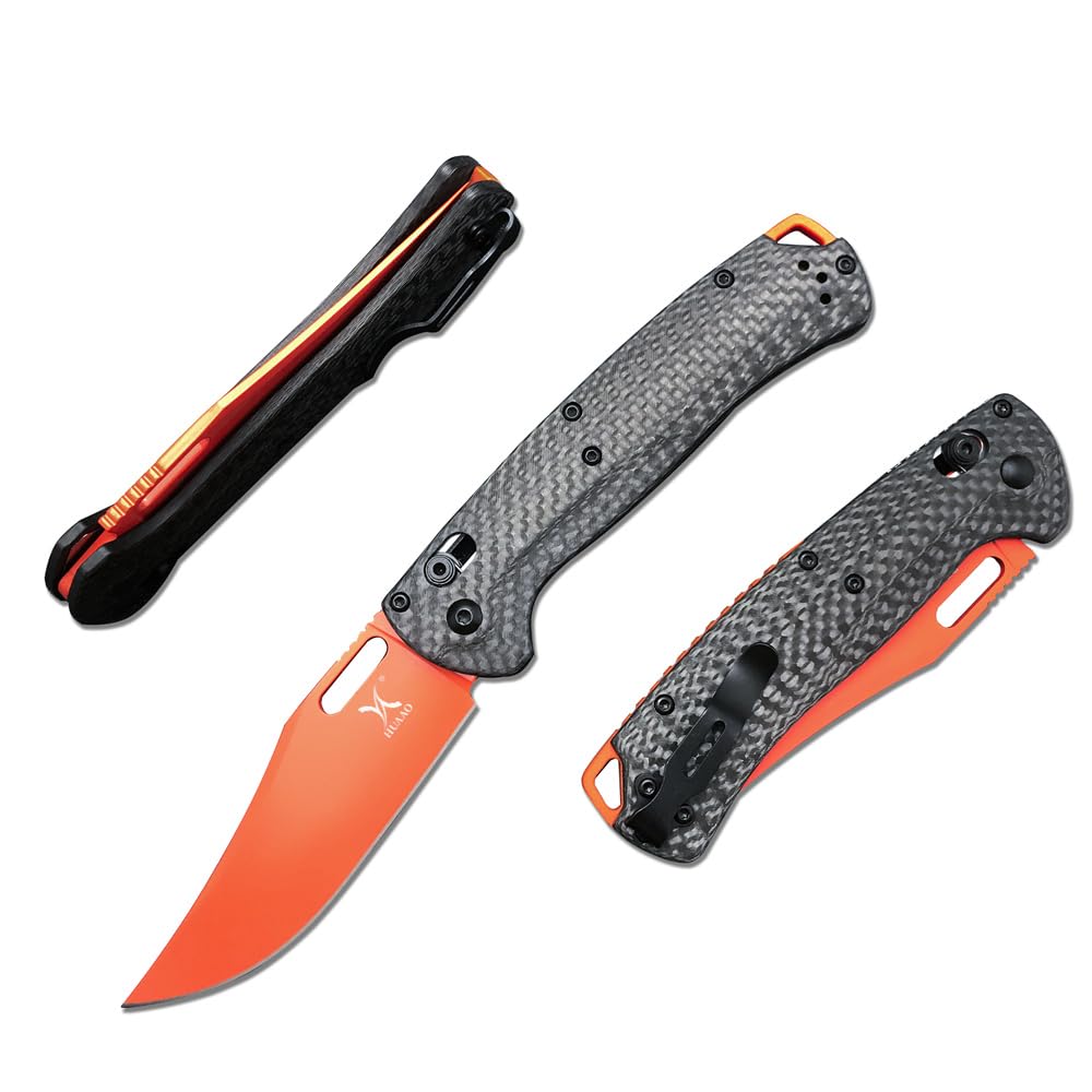 HUAAO Men's Pocket Folding Knives, D2 Flat Blade, Carbon Fiber Handle, Thumb Stud, Manual Open, with Deep Carry Pocket Clip (Carbon Fiber)