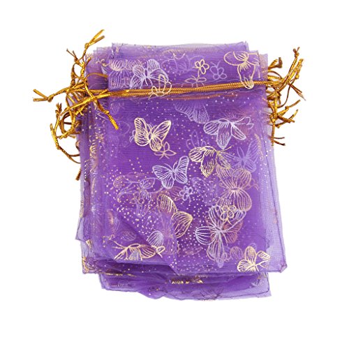 Générique Environ 100 pochettes en organza avec cordon de serrage pour cadeaux de mariage, 9 x 12 cm (imprimé papillon), violet