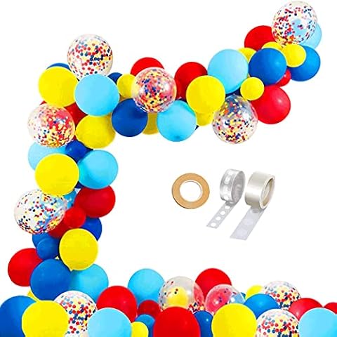 Carnival Circus 113pcs Pack Navy Blue Red Yellow Balloons Garland for Birthday Baby Shower Party Decoration Supplies Kit - 12" 10" 5" Latex & Confetti Balloon, Ribbon, Chain Strip, Glue Strip Cover
