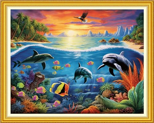 Image of Funchey Stamped Cross Stitch Kits, DIY Cross Stitch Pattern for Adults Beginners Needlepoint Kits Embroidery Kit Arts and Crafts 11CT-Underwater World 16x20 inch