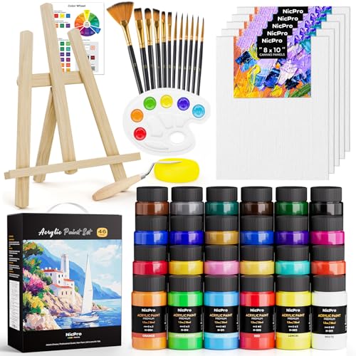 Nicpro Acrylic Paint Canvas Set for Adults 46PCS Art Painting Supplies Kit for Adults with 24 Paints(36ML) Table Wood Easel 5 Canvas Panels 12 Brushes Paper Pad Palette for Kids Artist Beginner
