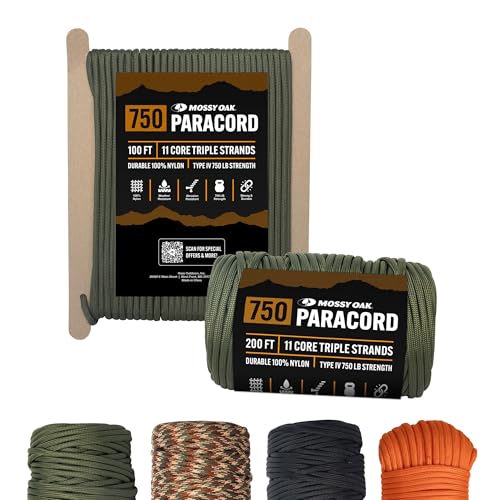 Mossy Oak Paracord Rope 750 with 11 Inner Strands | Survival Gear for Camping, Hunting, Fishing, Hiking, 4mm Parachute Cord