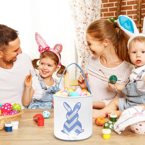 Image of Easter Bunny Baskets, Easter Egg Hunt Bunny Bags Little Baskets with Fluffy Tail Canvas Cotton Rabbit Handbag Bucket Tote Bag for Kids Girls (Wave Pattern,Blue)