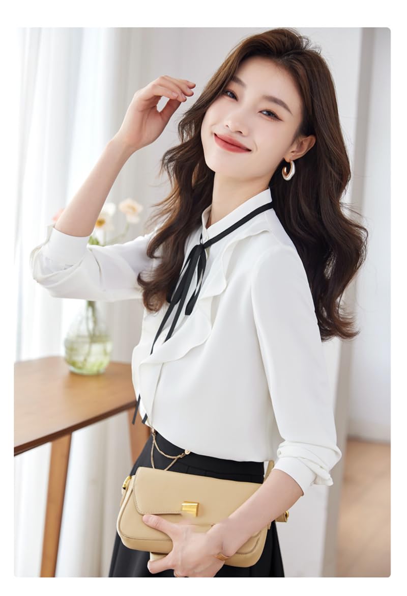 Disimlarl Elegante camisa ligera GN con volantes de manga larga para mujer, blusas formales de oficina y trabajo, color blanco