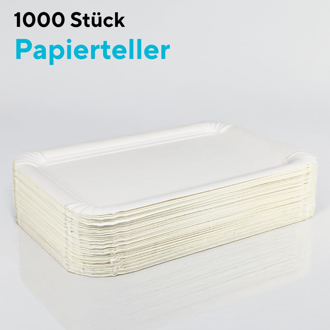 Enpack Einwegteller/Pappteller weiß, eckig 17x24 cm, Kuchenteller aus Frischfaserkarton - geeignet für Geburtstag, Party oder Grillfest, 100% biologisch abbaubar (1000 Stück)