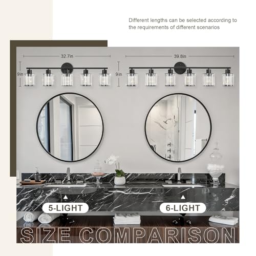 Image of Modern Black Crystal Bathroom Light Fixtures,5-Light | Bathroom Lighting Fixtures over Mirror,Vanity Lights for Mirror, Restroom(Ceramic E26 Socket,Bulbs Not Include)