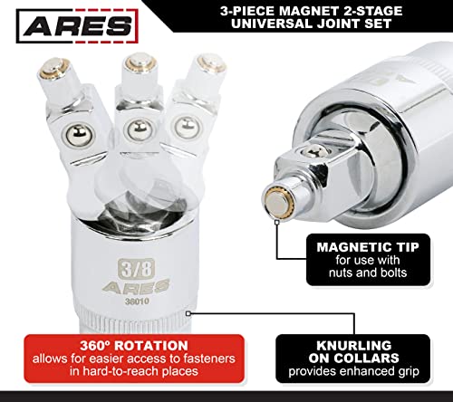Image of ARES 36006-3-Piece Magnetic 2-Stage Universal Joint Set - 2-Stage Design Changes Socket from Swivel to Fixed Position - 1 /4-Inch, 3 /8-Inch, and 1 /2-Inch Drive - Magnet Tips for Use with Bolts