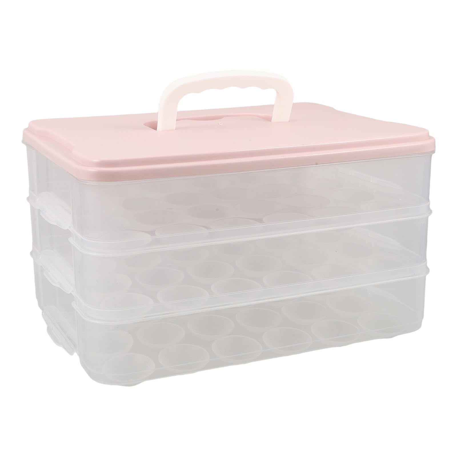 Lurrose Recipientes para huevos rellenos con tapa, recipiente para huevos de 3 capas con asa para refrigerador, soporte para alimentos apilable, bandeja de transporte de 72 agujeros para viajes y