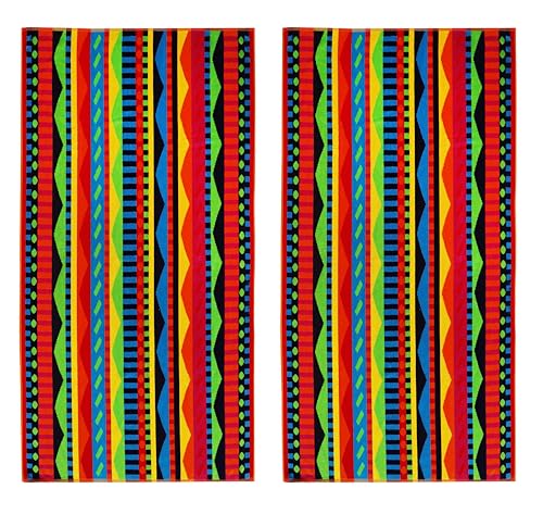 COTTON CRAFT Oversized Beach Towel - 2 Pack XL 39 x 68 inches Big & Huge Beach Blanket Towel - 100% Cotton Jacquard Velour - Super Soft Luxury - Pool Picnic Bath - Cozumel Red Blue Yellow