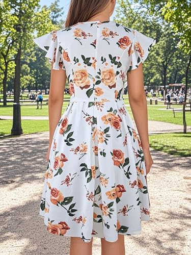 Image of oxiuly Women's Flounce Sleeve Wedding Church Vintage Dresses Casual Floral Party Cocktail Work Dress with Pockets Fei376