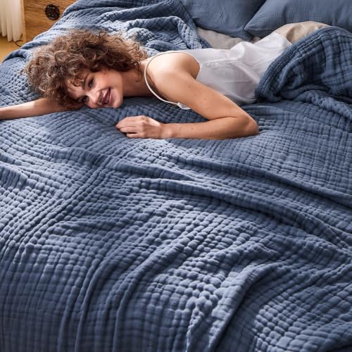 Image of EMME 9 Layer Muslin Cotton Blanket Adults Coverlet,King,Navy