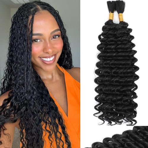 Human Braiding Hair Mix Synthetic Boho Hair for Braiding, 22 Inch Deep Wave Bulk for Boho Braids 2 Pcs Curly Bohemian Wet and Wavy Braiding Hair(1B, 22 Inch-2pcs)