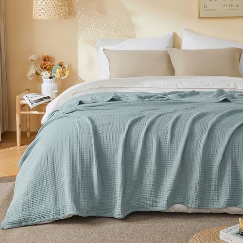 EMME Cotton Muslin Twin Blanket Breathable Gauze Soft Lightweight Blankets Adults Gifts for Women (Heather Teal, 60"x80")