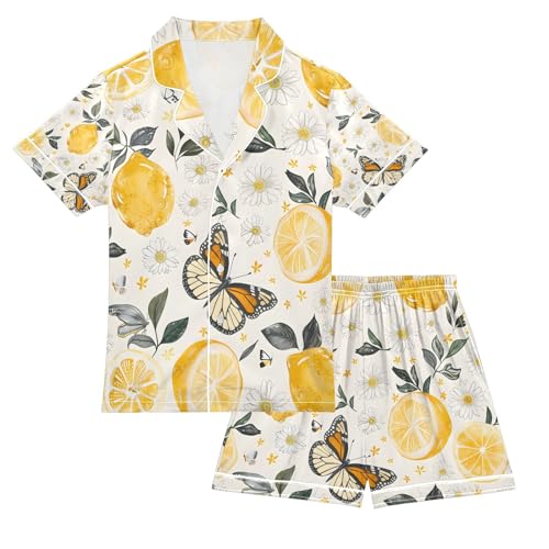 senya Lemon Flowers and Butterflies Satin Summer Pajama Sets Silk Short Sleeve Button Down Sleepwear