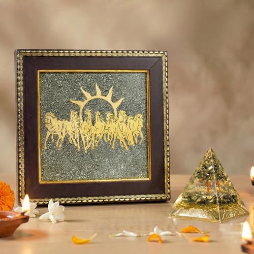Image of Astrotalk 7 Horses on Raw Pyrite Frame with Money Magnet Pyramid | Attract Wealth, Prosperity & Success | Home Decor for Living Room, Mandir & Office | Good Luck Gift for Man & Women